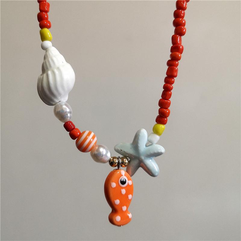 Collar Gargantilla de Cuentas con Colgante de Pez y Estrella de Mar de Cerámica Colorida de Verano para Mujer Accesorios de Joyería Romántica Boho de Playa