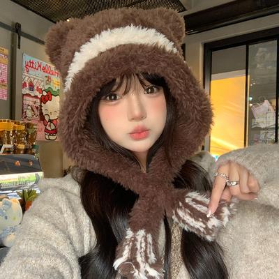 Bear Ears Plush Cute Hat Women's Autumn and Winter Thickened Warm Knitted Hat Cycling Coldproof Ear Protection Lei Feng Hat Trendy