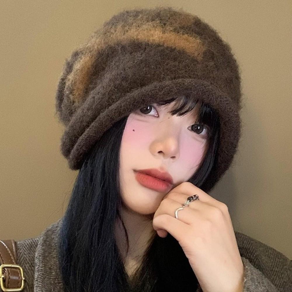 Printed Bow Jacquard Knitted Hat Warm Big Head Circumference Printing Beanies Wool Korean Style Ear Protection Hat