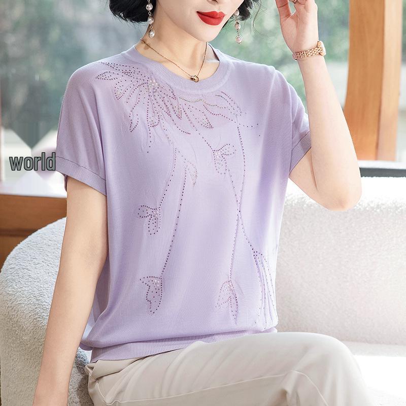 Damen Eisseide Strick-T-Shirt, Kurzarm, Sommerstil für Alter 40-50