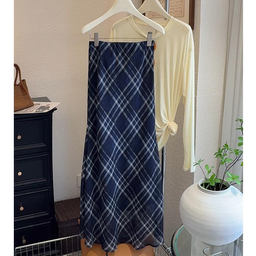 Women's Vintage Aesthetic Blue Lightweight Sheer Checkered Long Skirt Flared Hem Summer Slim Fit Plaid Dress