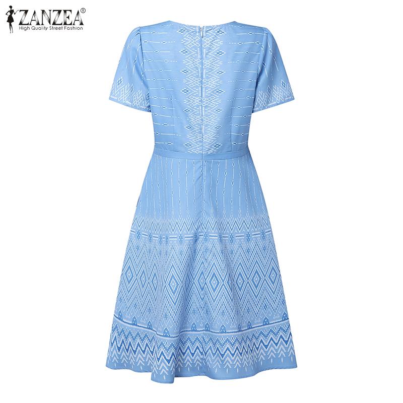 ZANZEA Women Casual Round Neck Short Sleeve Print Summer Dress