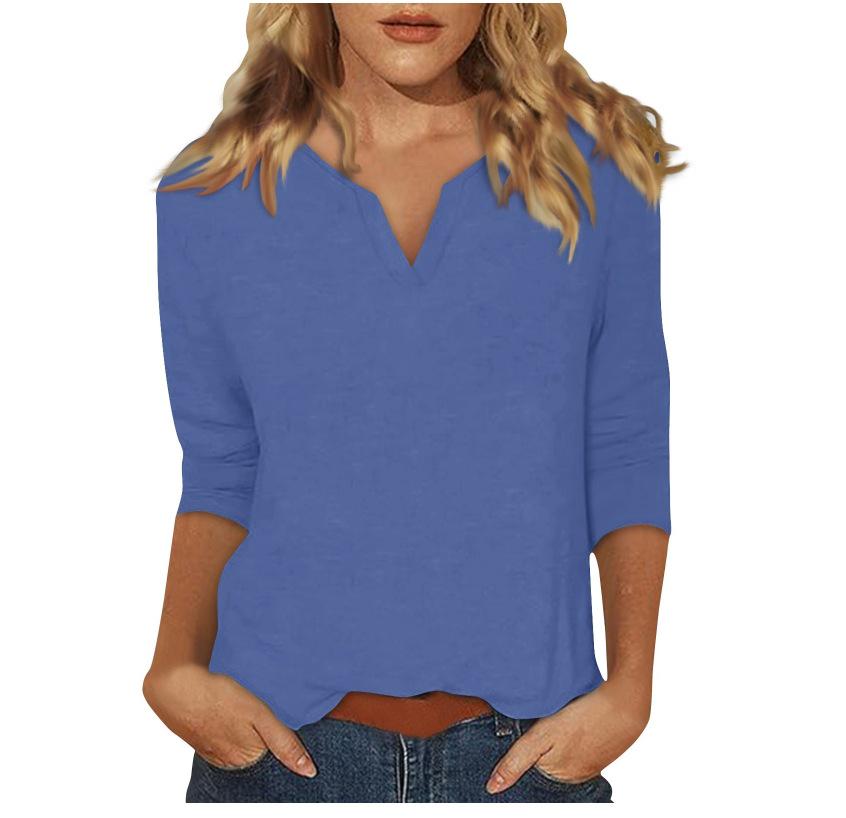 2025 Women's V-Neck 7-Point Sleeve Solid Color T-Shirt
