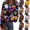 Women Casual Long Sleeve Ribbed Top Crew Neck Halloween Ghost Pumpkin Candy Corn Print Slim Fit Shirt