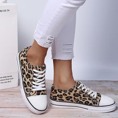 Kadınlar İçin Ayakkabı Sonbahar Modası Leopar Kanvas Ayakkabılar Bağcıklı Düz Ayakkabılar Kadın Platformu Beden 43 Günlük Ayakkabılar Zapatillas De Mujer
