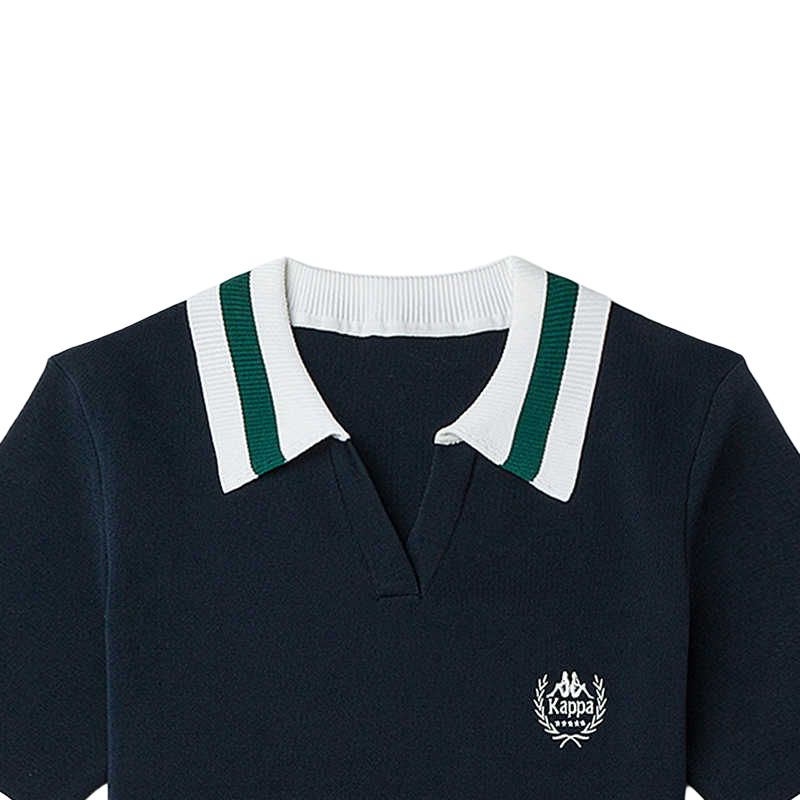 Kappa Vintage Sports Polo Collar Tennis Dress With Waist Badge Stripes Short Sleeve Women Dresses Dark-Night-Blue Black K0D62QL29