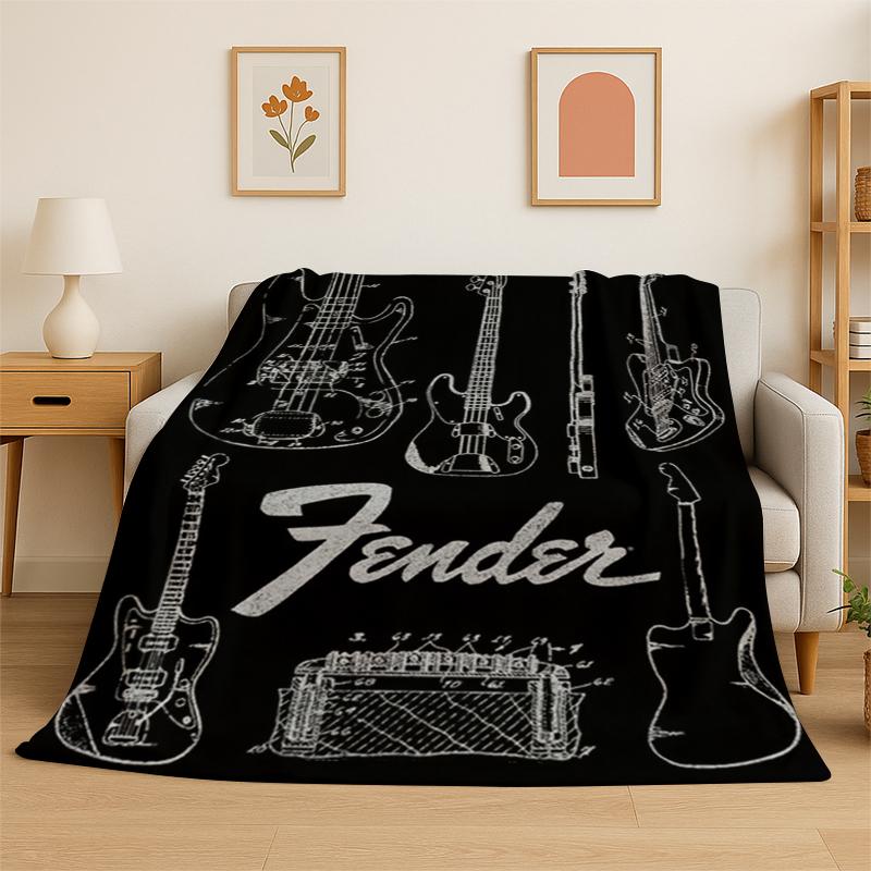 Retro Fender Logo Guitar Instruments Music Flannel Blanket Soft Warm Throw Blanket for Bedroom Living Room Bed Travel Picnic