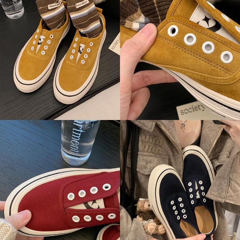Sheepskin one-pedal round head muffin thick-soled versatile board shoes canvas shoes spring and autumn color matching casual shoes