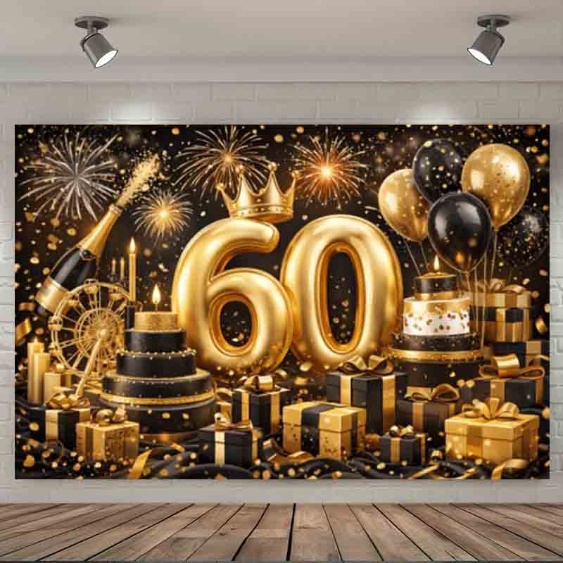Black Gold Luxury 60th Happy Birthday Photography Backdrop Golden Number Balloon Cake Gift Box 60th Birthday Party Decor
