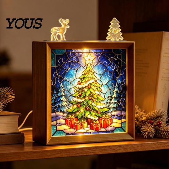 Innen-Haus-Dekoration DIY Weihnachten Acryl-Puzzle Nachtlicht, Holzrahmen Handmontiertes Puzzle Schreibtischlicht Lampe, Kreatives LED für Schlafzimmer