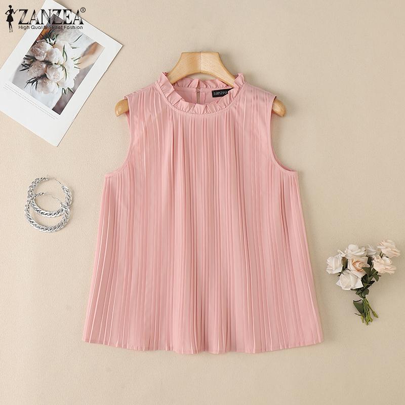 ZANZEA Women Casual Round Neck Solid Color Loose Sleeveless Blouse