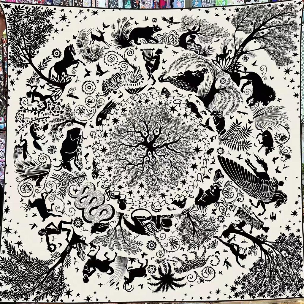 POBING 30% Silk 70% Cashmere Scarf Women Hand Rolled 12 Zodiac Sign Print Square Scarves Wraps Bandana Big Hijabs Female Foulard