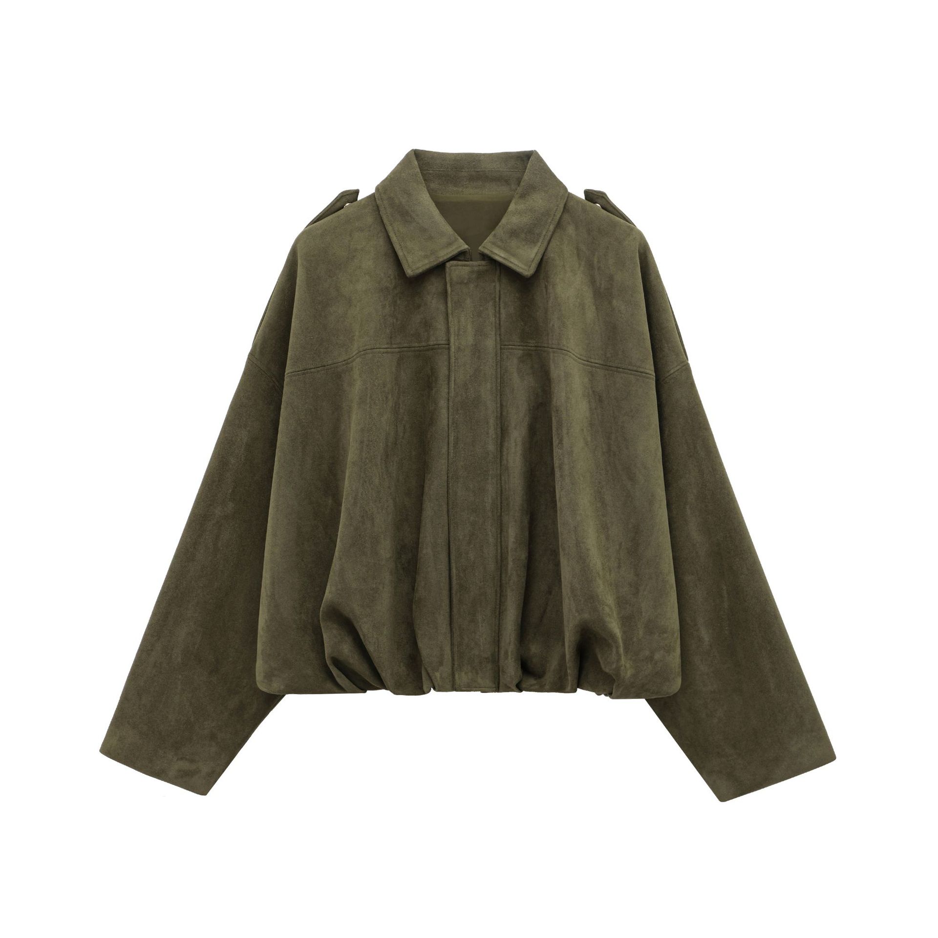 

Women s Olive Green Oversized Suede-Look Lapel Jacket with Puffed Sleeves S армія зелений колір