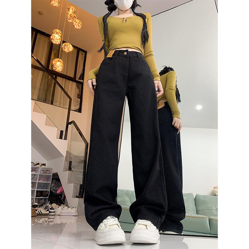 

Plus Size Retro Black Straight-Leg Wide Pants for Women - Autumn Collection M