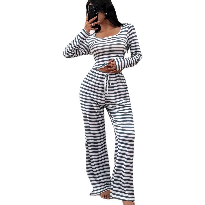 Womens Square Neck Striped Long Sleeve Pajama Set Loose Fit Comfortable Sleepwear Home Lounge