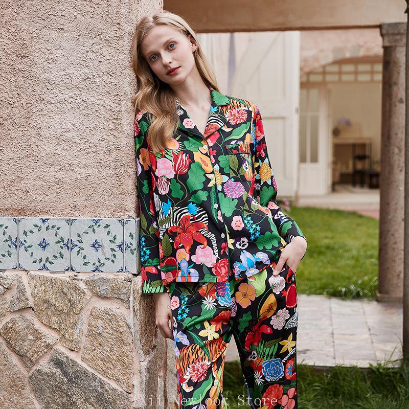 Fashion Comfortable  Pajamas Women's High-end Sense  Style Lapel Spring and Summer Long Sleeve Home Suit