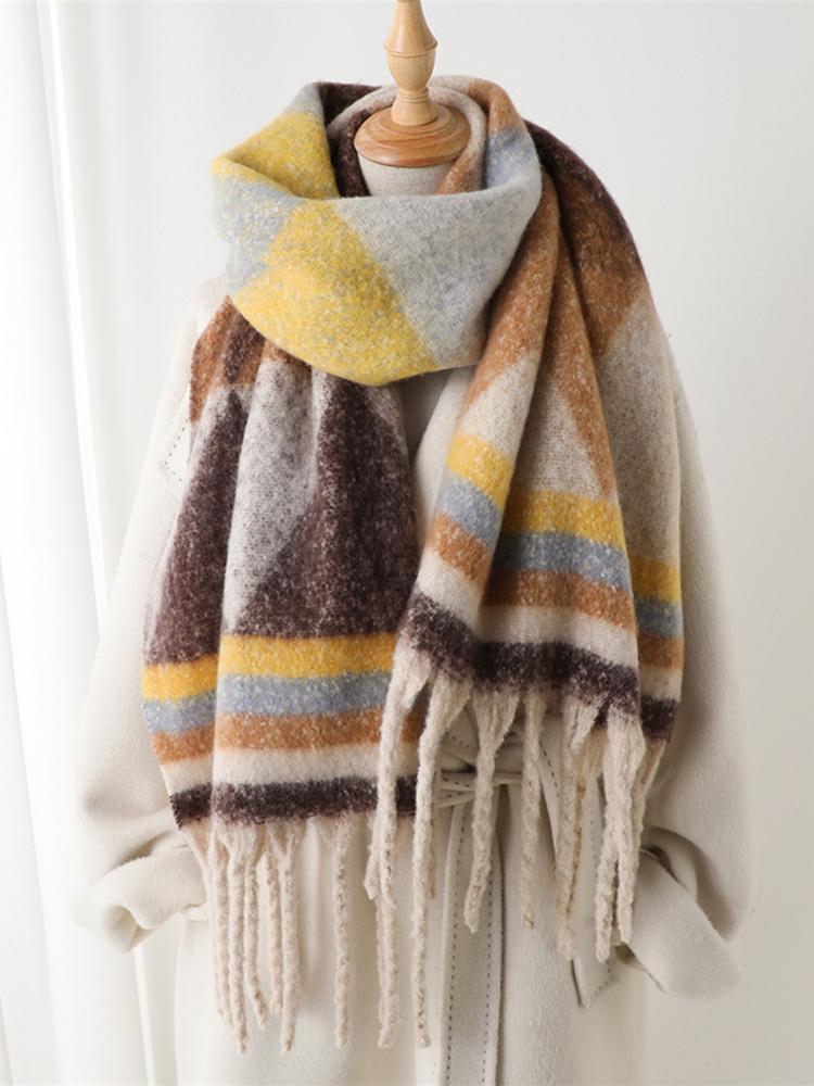 Damen Winter Gestrickter Schal Kopftuch Dame Herren Freizeit Gestreift Regenbogen Muster Quaste Warm Weich Schal Mujer Foulard Wickeltuch Schal Neu