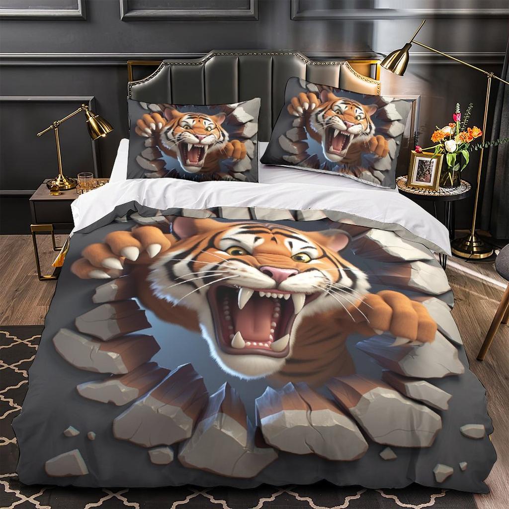 Zestaw pościeli 3D Fierce Beast dla chłopców nastolatków mężczyzn pokrowiec na kołdrę puchową poszewka na poduszkę 2/3 szt. zwierzęca miękka okładka wszystkie rozmiary łóżek