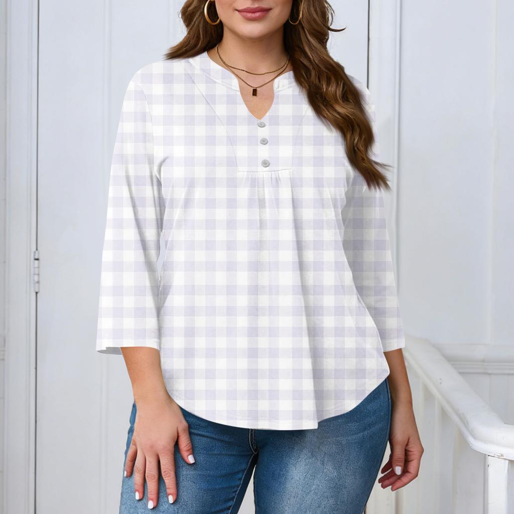 Women's Plus Size Fashionable Casual Loose Fit Three Quarter Sleeve Elegant Button Up V Neck Top