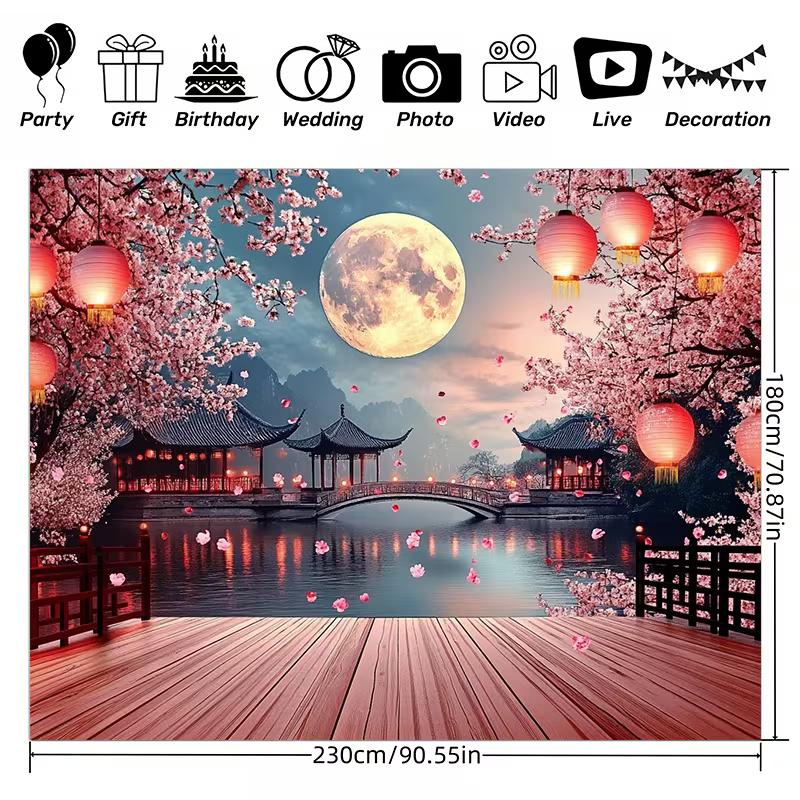 2D Night Cherry Blossom Lake Pavilion Tapestry for Chinese New Year Festival Decoration 47.2x31.5inch/120*80cm