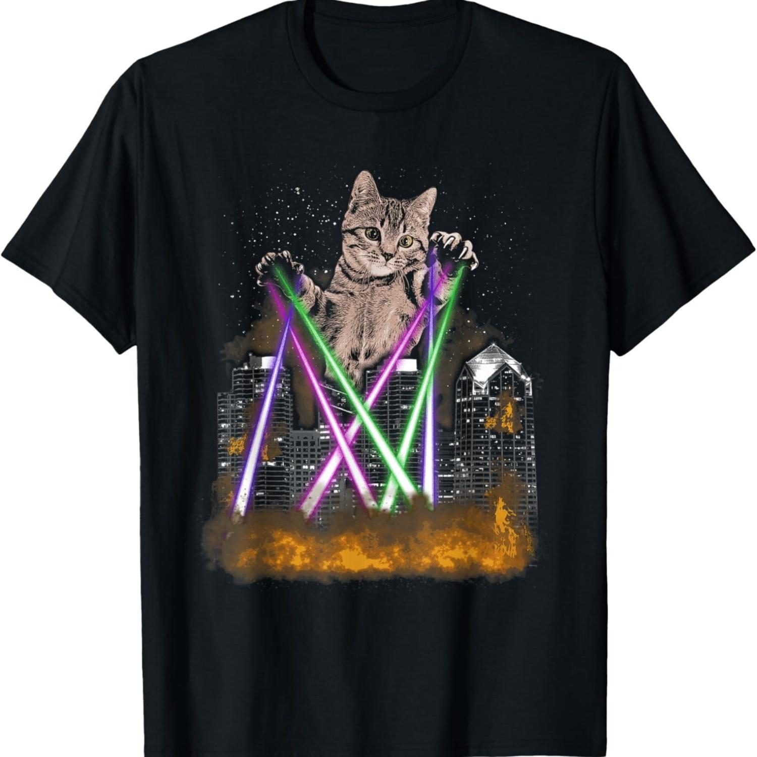 

Laser Cat - Giant Kitten Destroying City Funny Cat Meme T-Shirt for Men Women S чёрный
