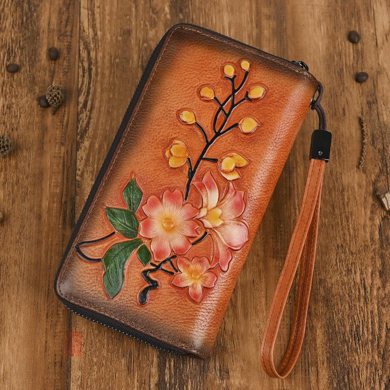 Vegetable Tanned Leather Women's Wallet with Double Zippers, Long Wallet with Embossing, Hand Wiping Process, Anti-theft Brush