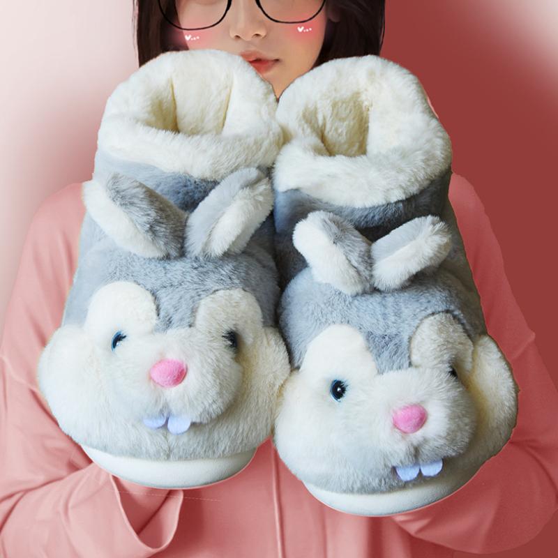 Fashion Women Winter Warm Shoes 2025 Plush Lining Indoor Cotton Slippers Cute Rabbit Soft Fur Couple Platform High Top Snow Boots