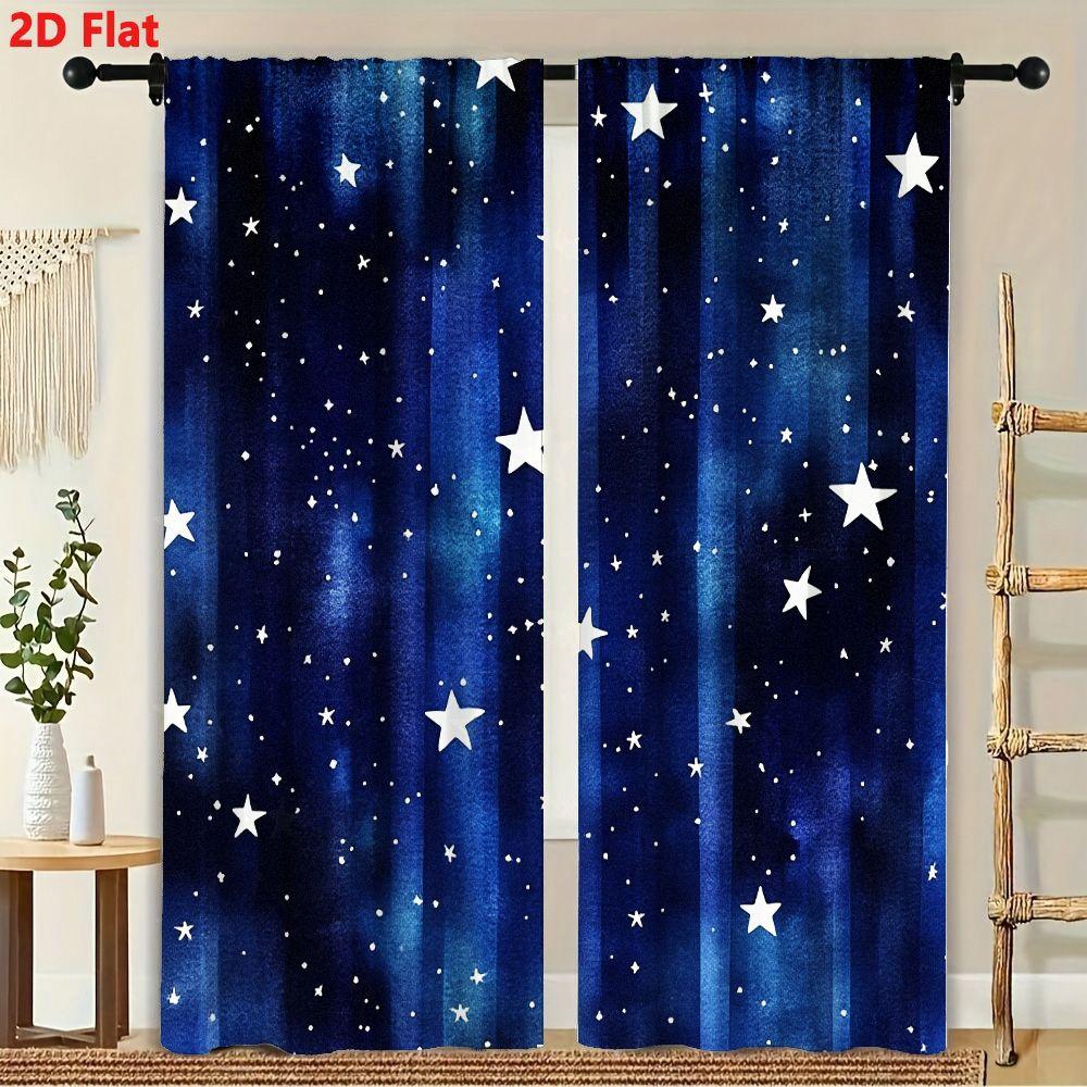 2Pcs Curtains 2D Flat Starry Night Sky Watercolor Art With Deep Blue Teal Hues And White Stars Window Drapes for Bedroom Room De