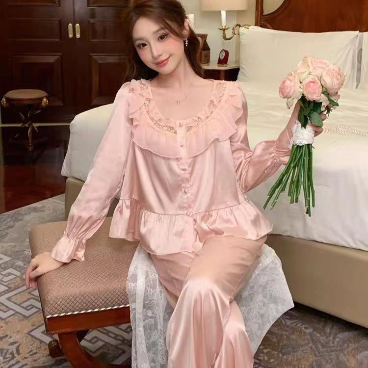 [Sugar Heart Sweet Dream] French ice silk pajamas, sweet princess style suit, spring and autumn loungewear can be worn outside