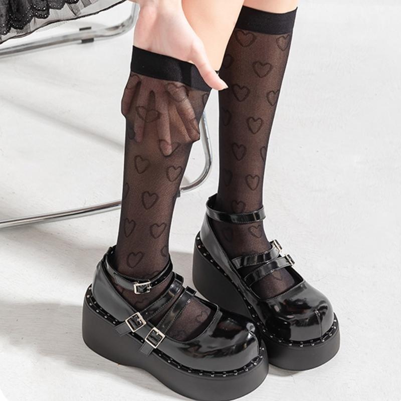 Women Japanese Style Summer Cute Heart Pattern Thin Silk Over Calf Long Socks