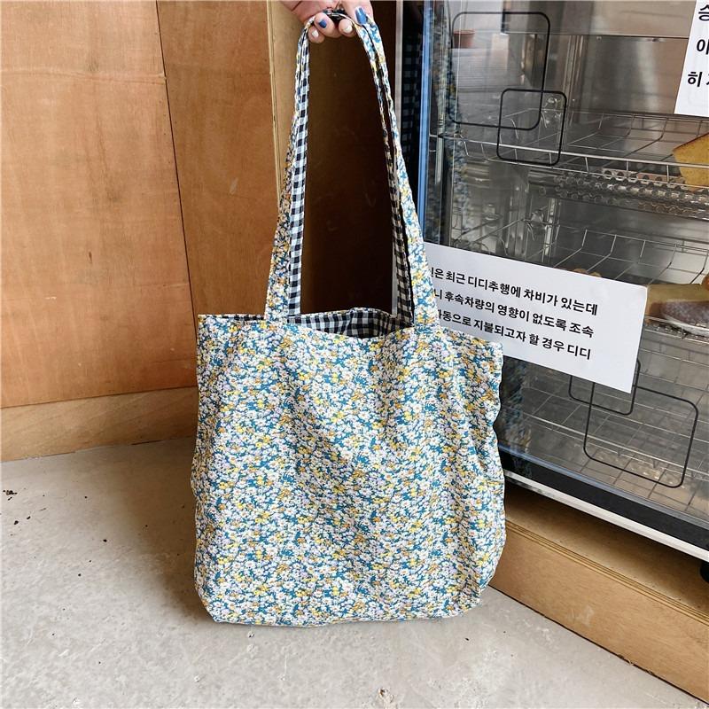 1 Bubble Cotton Double-sided Shoulder Bag Plaid Floral Splicing Canvas Bag Crossbody Small Fresh Shopping Bag