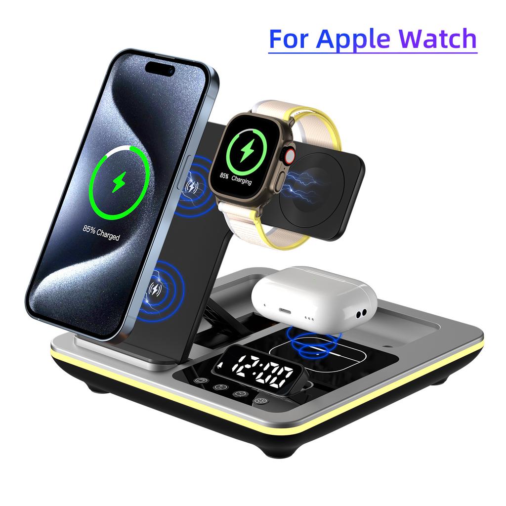 Foldable 3 in 1 Wireless Charger Station with Digital Clock Display Fast Charging Magnetic Stand