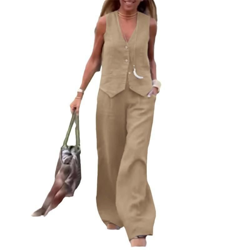European and American Leisure Fashion Solid Set Vest Trousers Two-piece Set Women Two Piece Vest Pants Set
