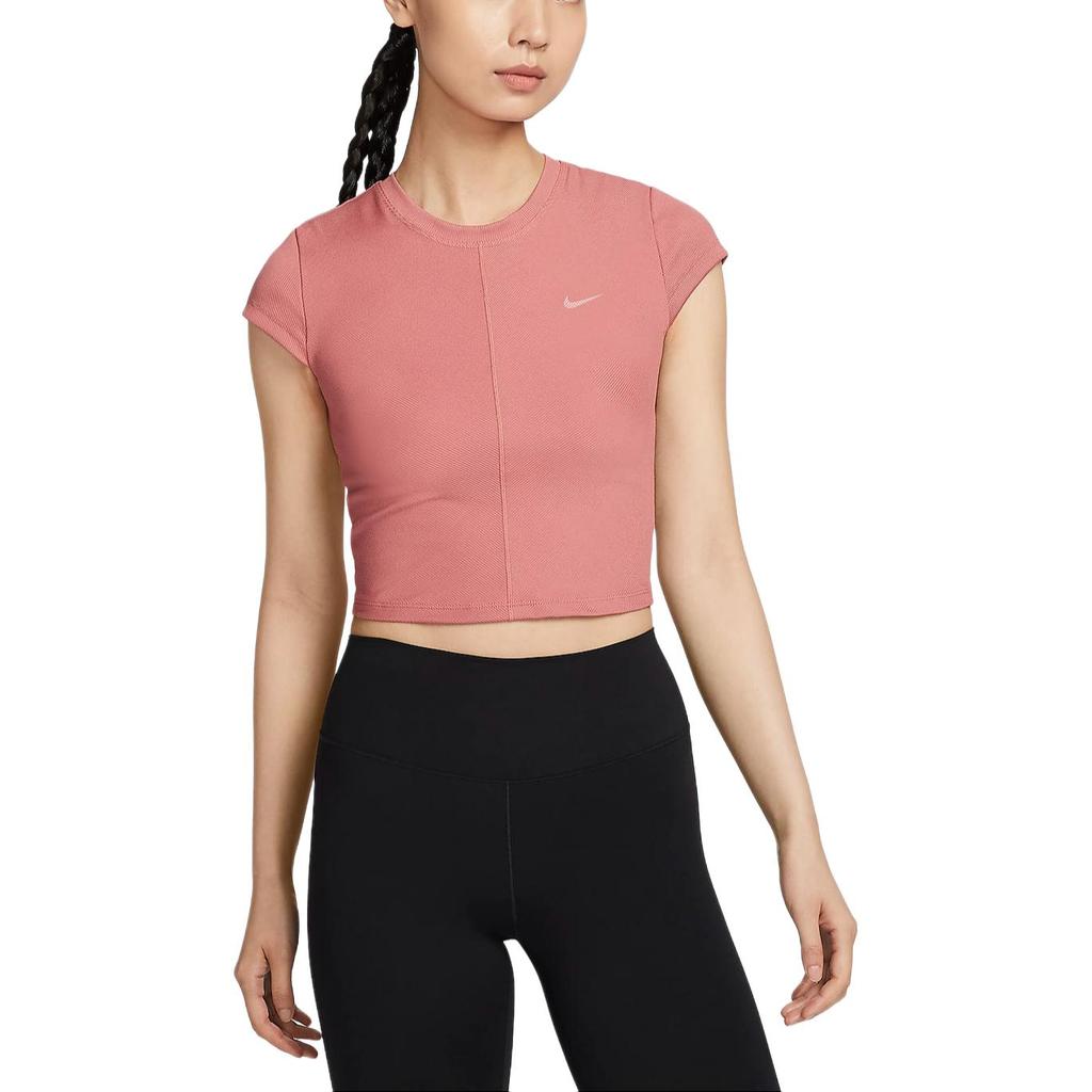 New Nike Dri-Fit One Women's Fitted Ribbed Short-Sleeve T-Shirt 'Stone Pink/White' FV7875-634