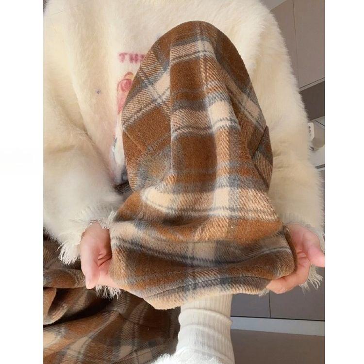 Coffee-colored Retro Checkered Casual Pants for Women In Autumn and Winter, Thickened and Fleece High-waisted Woolen Loose Floor-length Pants