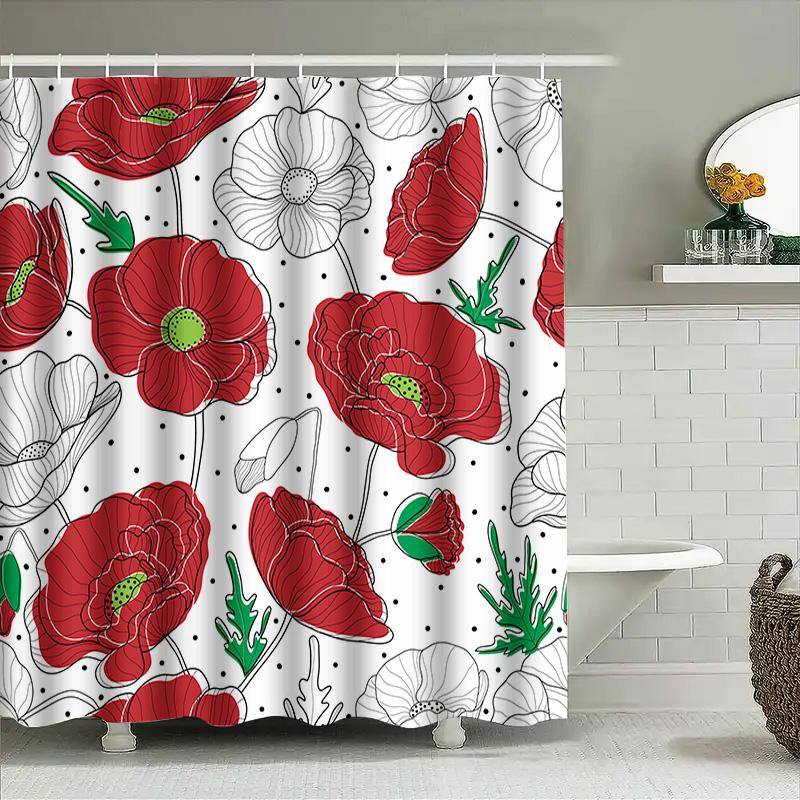 Waterproof Bath Curtains with Floral Print featuring Red Poppies and Green Leaves Decorative Shower Liners for Bathroom Decorati