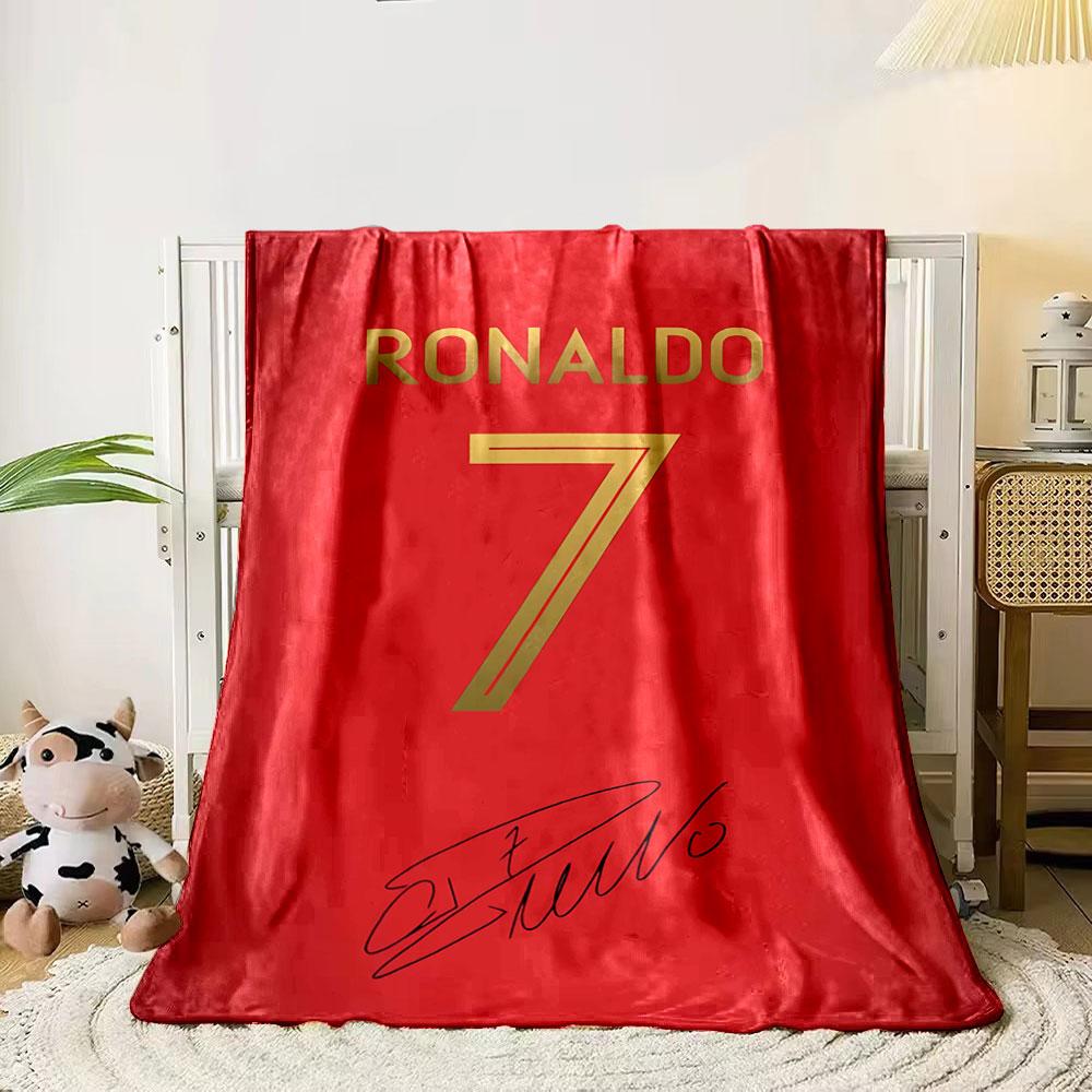 Red background with golden "Ronaldo," "7," and a black autograph below. for all seasons blanket lunch break throw gift