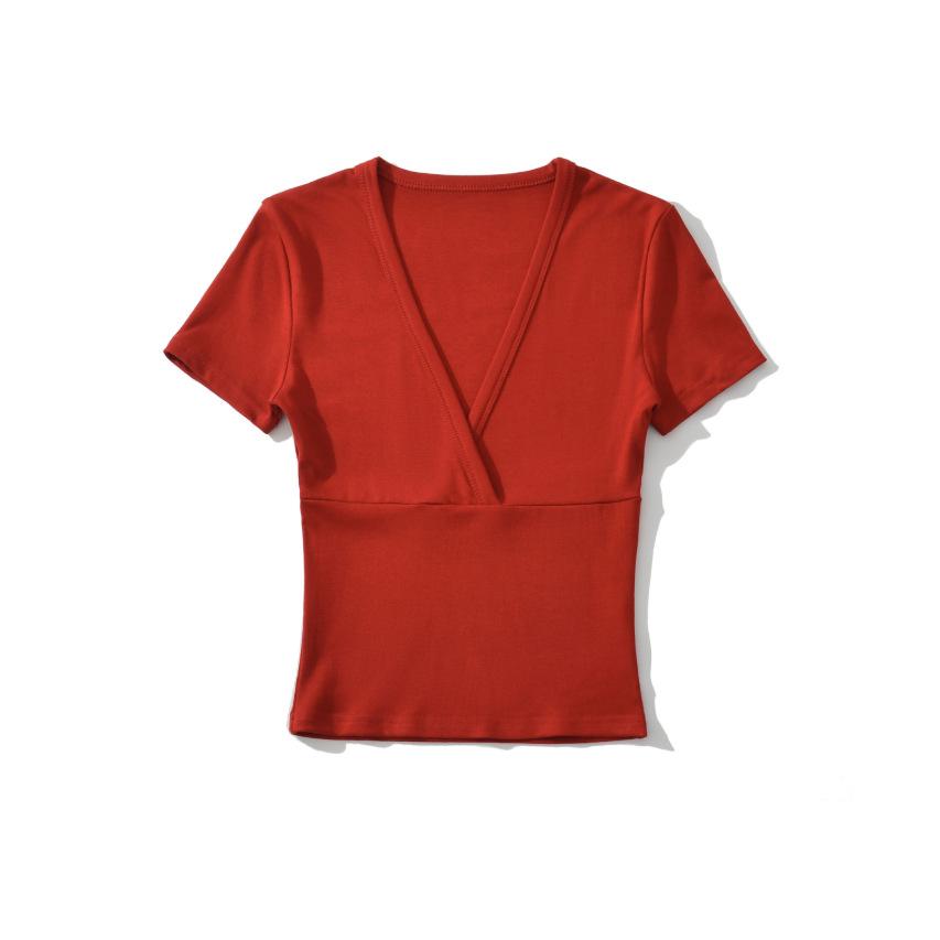Cross Deep V-neck Short-sleeved T-shirt Women's Summer New American Spice Girl Style Solid Color Thin Short Bottoming Top