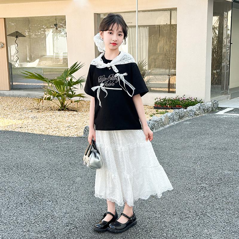 Girls' summer dress 2026 new children's fairy style floating skirt summer big children's white half skirt set