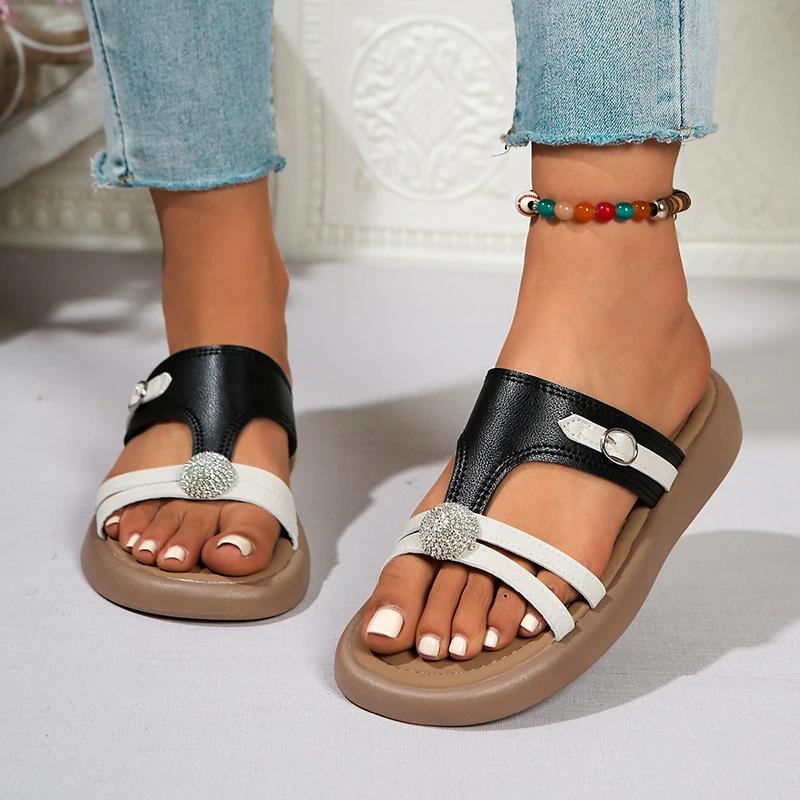 Mixed Colors Flat Slippers Women Shiny Crystal Ball Soft Sole Non Slip Beach Shoes Summer Comfort Light Platform Outdoor Slides