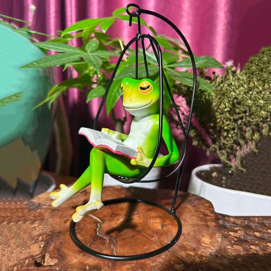 Hängesessel Lesende Frosch Statue Cartoon Grüne Frosch Figur Harz Miniatur Tier Skulptur Innen Außen Gartendekoration Ornament