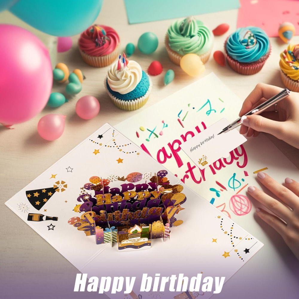 Creative 3D Happy Birthday Card Pop Up Four-Layer Birthday Cake Greeting Card Best Wishes Foldable Father's Day Card Gift