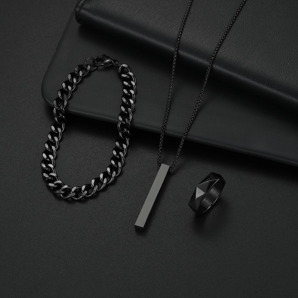 3pcs Stainless Steel Suit Zircon Set For Men, Hip-hop Rectangle Pendent Necklace, Bracelet And Ring Set