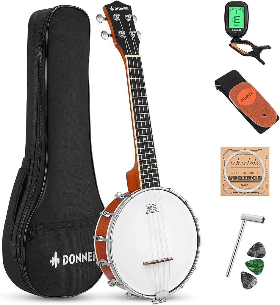 Donner Banjo-Ukulele, Konzert, 4 Saiten, 58,4 cm, Korpus aus Sapele, Remo-Kopf, Stimmgerät, Tasche mit Ersatzsaiten