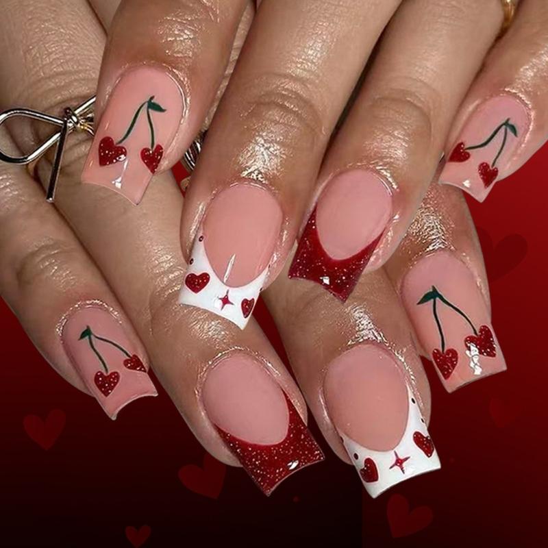 

24Pcs Romance Glitters Heart French Tip Fake Nail Red Glossy Short Press On Nail for Women Special Occasions Party 1