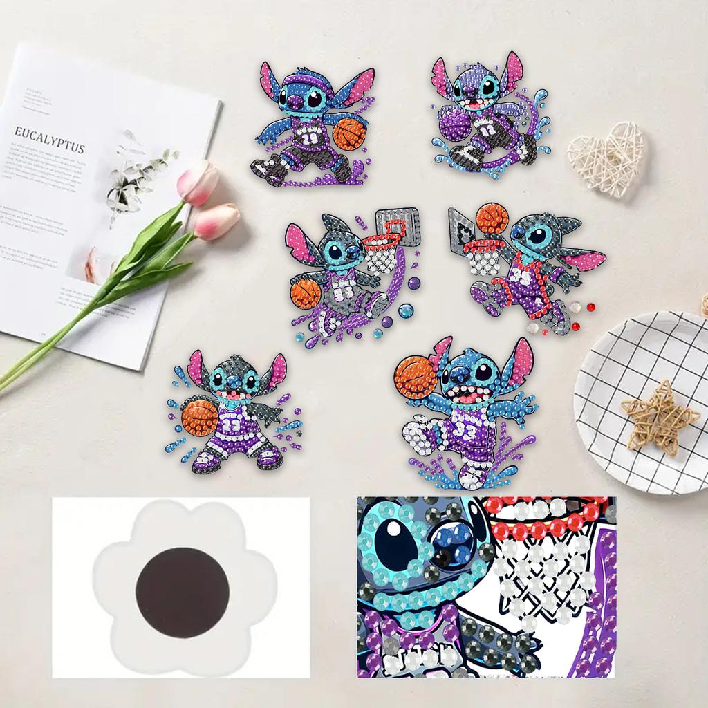 6Pcs DIY Diamond Painting Refrigerator Magnets, Disney Stitch, Cross-stitch Round Diamond Handicraft Home Decoration Gift