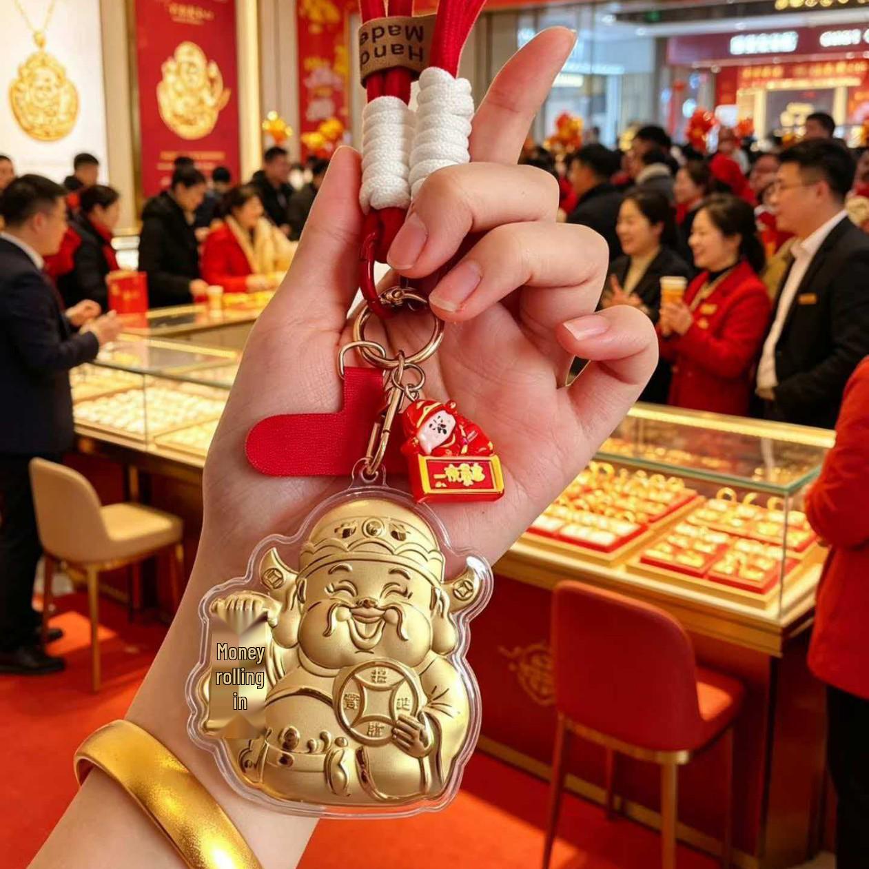 999 Pure Gold Horse Wealth Keychain: Exquisite Leather Cord Bag Charm & Souvenir Gift Gold Foil