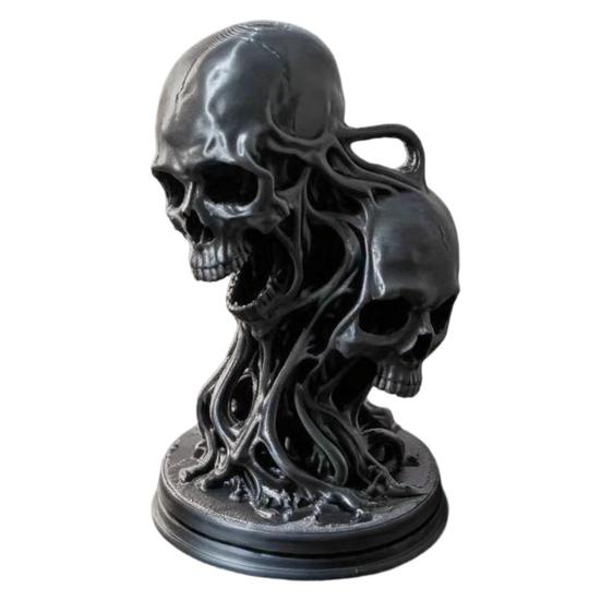 Unique Resin Desktop Decor 3D Printed Double Skull Ornament, Twisted Skeleton Figurine, Gothic Matte Black Statue for Halloween Home Bar & Horror