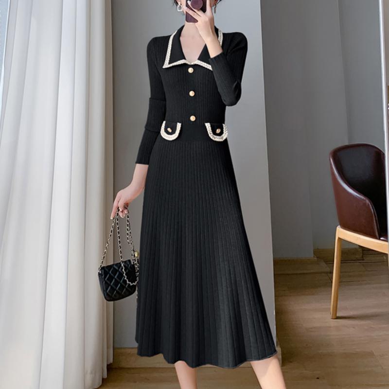 French Elegant Autumn New Knitted Dress Women Vintage Slim Long Sleeved Dresses Party Korean Fashion Designer Casual Clothing