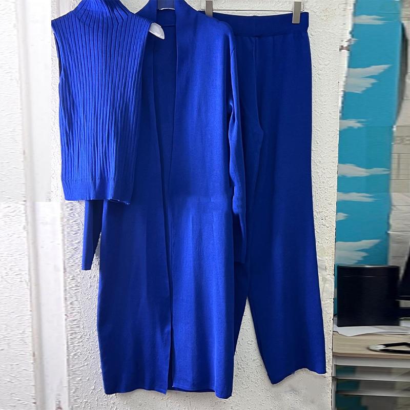 

Элегантный удобный трикотажный домашний костюм в рубчик, осенний длинный кардиган, водолазка, жилет, широкие брюки, комплект из 3 предметов One size синий